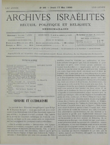 Archives israélites de France. Vol.61 N°20 (17 mai 1900)